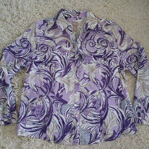Chico’s Wrinkle Resistant 100% Cotton Button Front Shirt Purple Print Size L